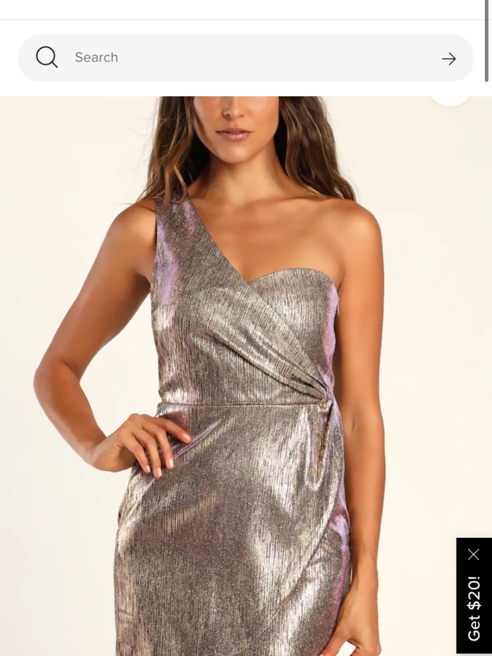 Lulu's Metallic One-Shoulder Evening Dress in Silver with Pink Iridescence